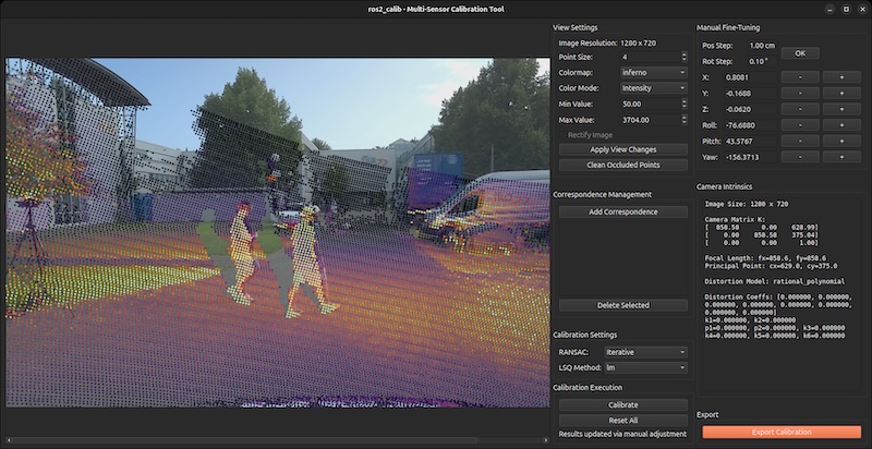 ros2_calib is a multi-sensor calibration tool for ROS 2 that provides intuitive graphical interfaces for performing precise extrinsic calibration between different sensor types. The tool supports both LiDAR-to-Camera and LiDAR-to-LiDAR calibration workflows. Built with PySide6, it operates on recorded rosbag data without requiring a live ROS 2 environment. It supports reading /tf_static transforms from rosbags and allows users to quickly calibrate and export the resulting transformation directly into URDF format.